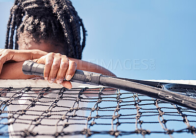 Buy stock photo Tennis, sport fail and black woman sad after defeat at game or competition against a blue sky with depression, stress and anxiety. Burnout, tired and mental health of an athlete after loss or mistake