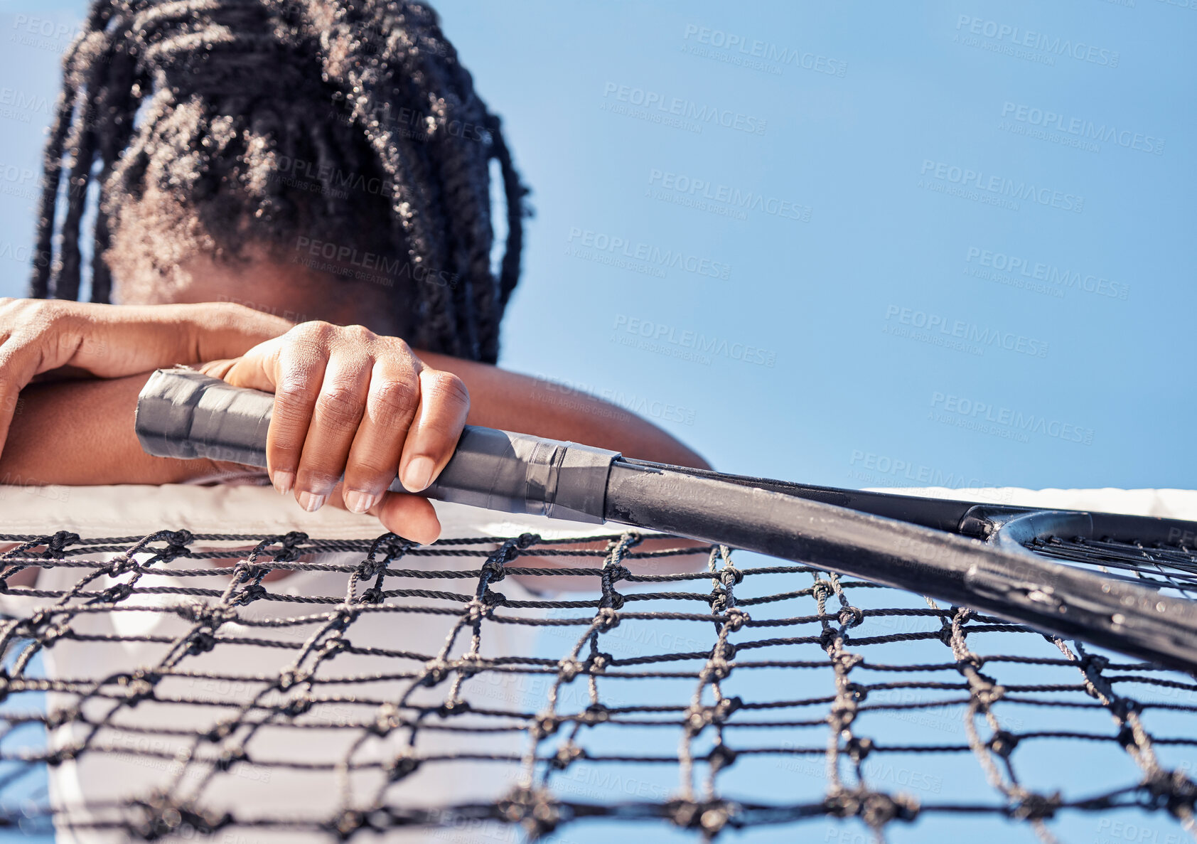 Buy stock photo Tennis, sport fail and black woman sad after defeat at game or competition against a blue sky with depression, stress and anxiety. Burnout, tired and mental health of an athlete after loss or mistake