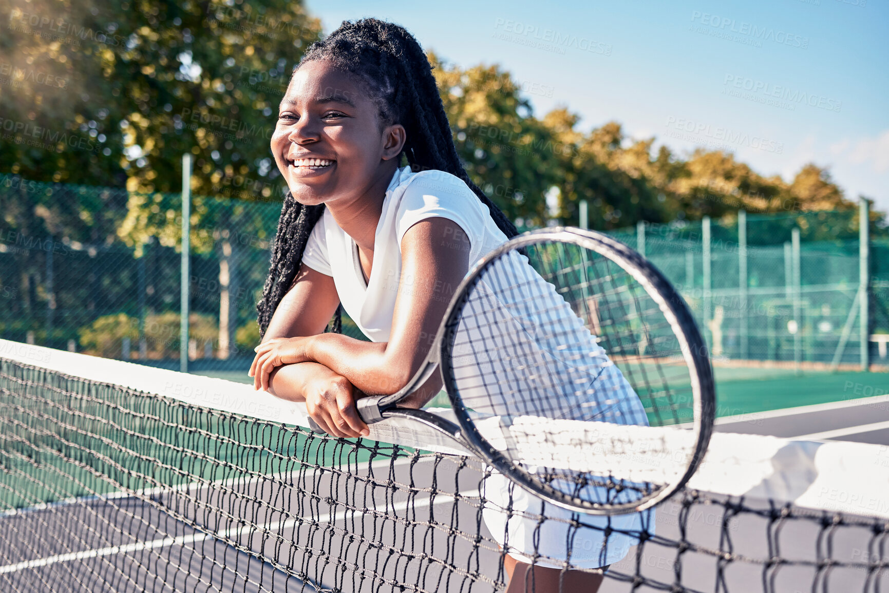 Buy stock photo Sports, tennis and black woman with tennis racket on court ready for winning game, match and practice outdoors. Motivation, fitness and girl smiling on tennis court for training, exercise and workout