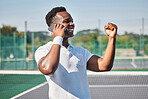 Black man, tennis and phone call in celebration for win, victory or achievement for winning tournament. Happy African American tennis player male winner with smile celebrating in phone conversation