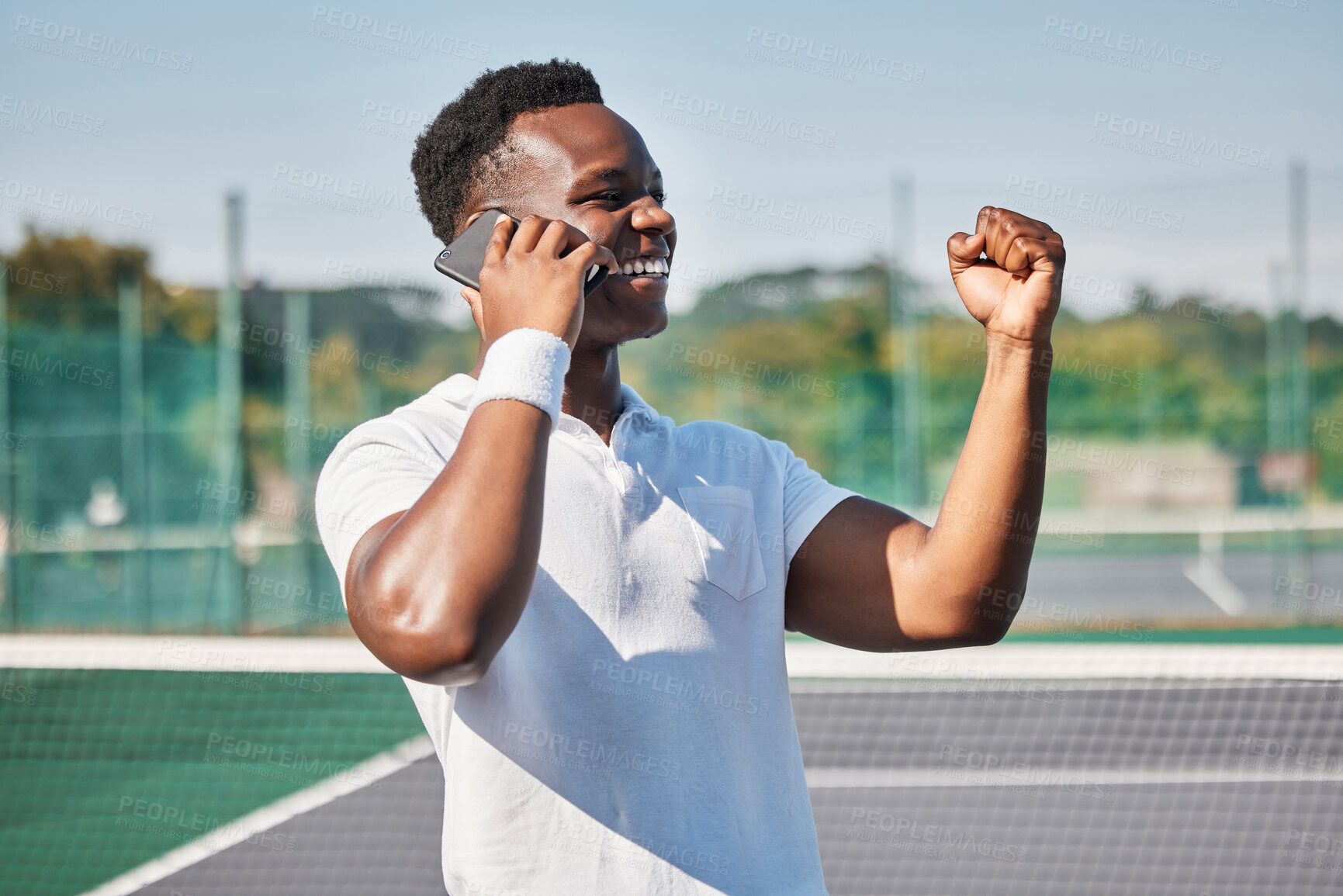 Buy stock photo Black man, tennis and phone call in celebration for win, victory or achievement for winning tournament. Happy African American tennis player male winner with smile celebrating in phone conversation