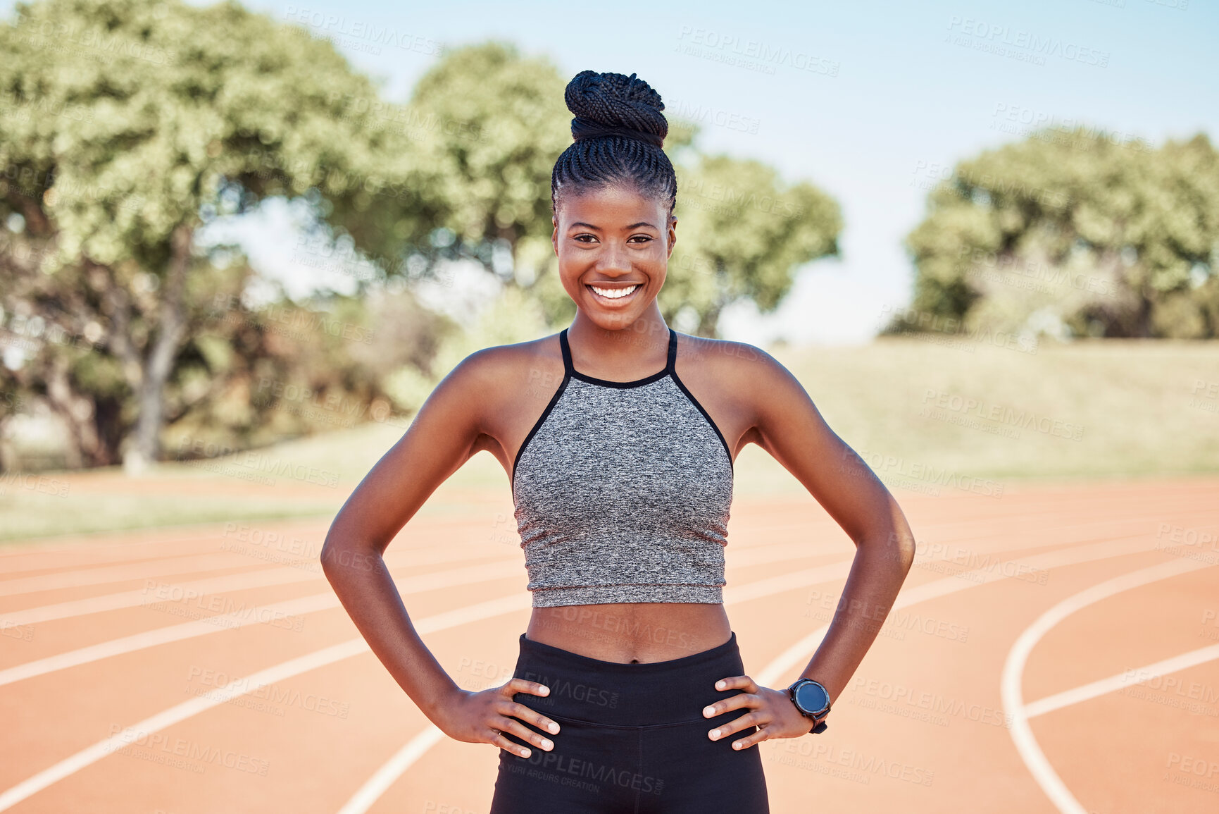 Buy stock photo Portrait, black woman and athlete with smile, outdoor and health for wellness, workout and happy on track field. Runner, African American female and confident girl for training, exercise and fitness.