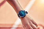 Fitness, woman and blank smart watch on running track, exercise workout and sports stadium training. Stopwatch, runner and digital time, arm app and technology, cardio progress, and marathon wellness