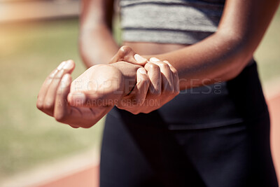 Buy stock photo Hands, runner and arm injury from sports exercise, workout or training at the stadium track. Active female suffering in joint inflammation holding painful wrist in discomfort, strain or sore bruise