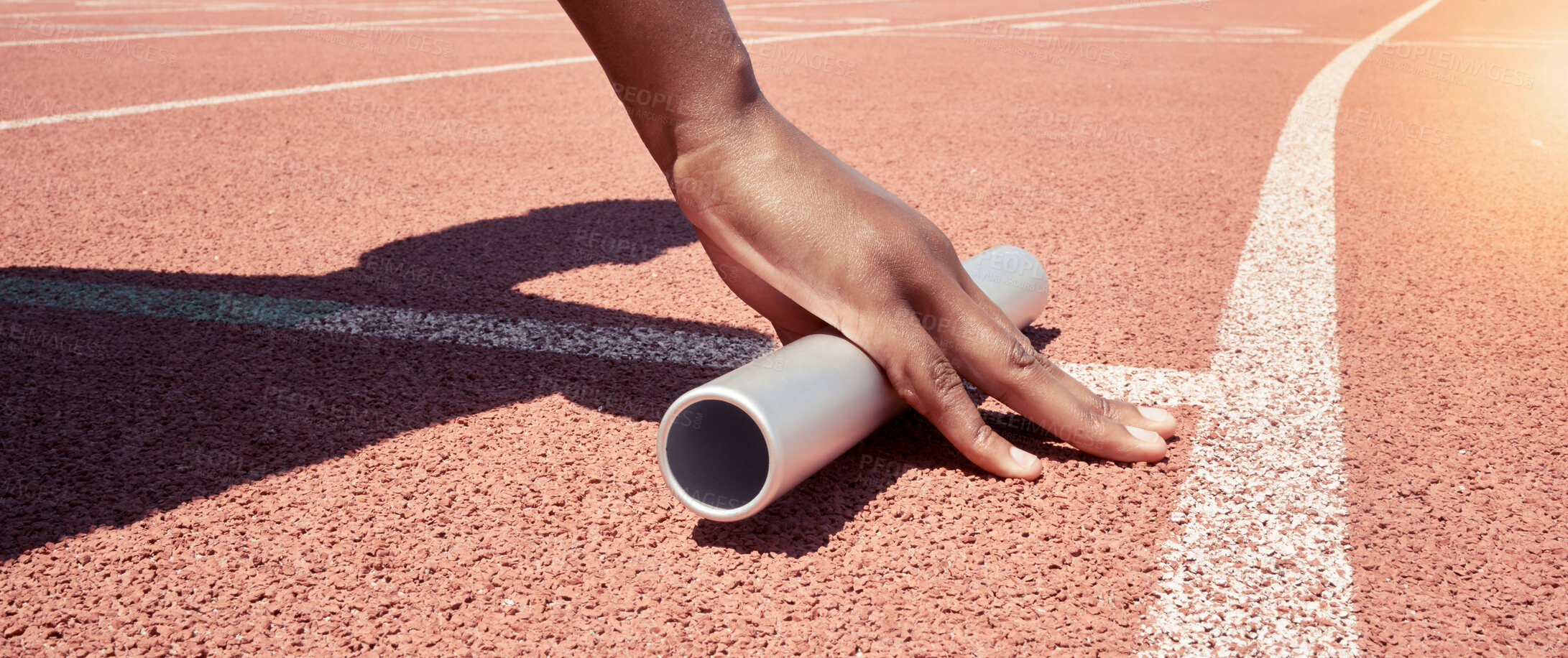 Buy stock photo Stadium start track, athlete hands and relay ready for runner competition, sports race and fitness exercise. Marathon training, asphalt wellness workout and woman hand with baton for running match