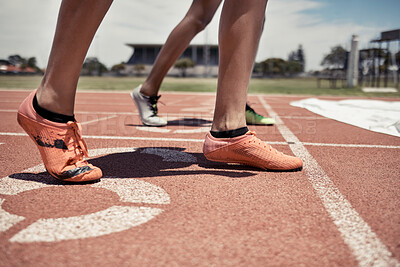 Buy stock photo Feet, athlete and sports race at stadium for marathon or sprint competition with people ready to start running and training at line. Shoes of man and woman for sport, cardio and run for speed outdoor