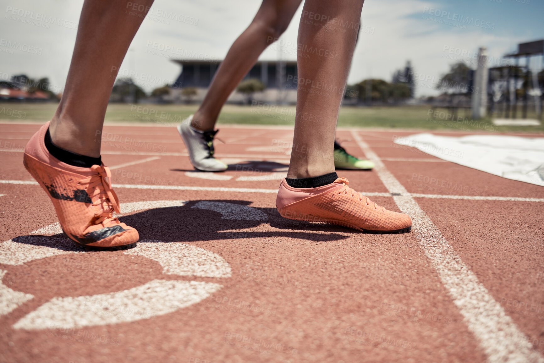 Buy stock photo Feet, athlete and sports race at stadium for marathon or sprint competition with people ready to start running and training at line. Shoes of man and woman for sport, cardio and run for speed outdoor