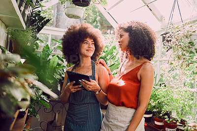 Buy stock photo Greenhouse, tablet and plants of black woman with teamwork, collaboration and progress communication for green shop inventory. Agriculture, garden and small business owner people with management tech