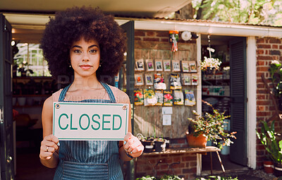 Buy stock photo Closed sign, black woman and business failure for cafe, employee and worker with end of day. African American girl, female entrepreneur and owner holding poster for bankrupt store, company closure.