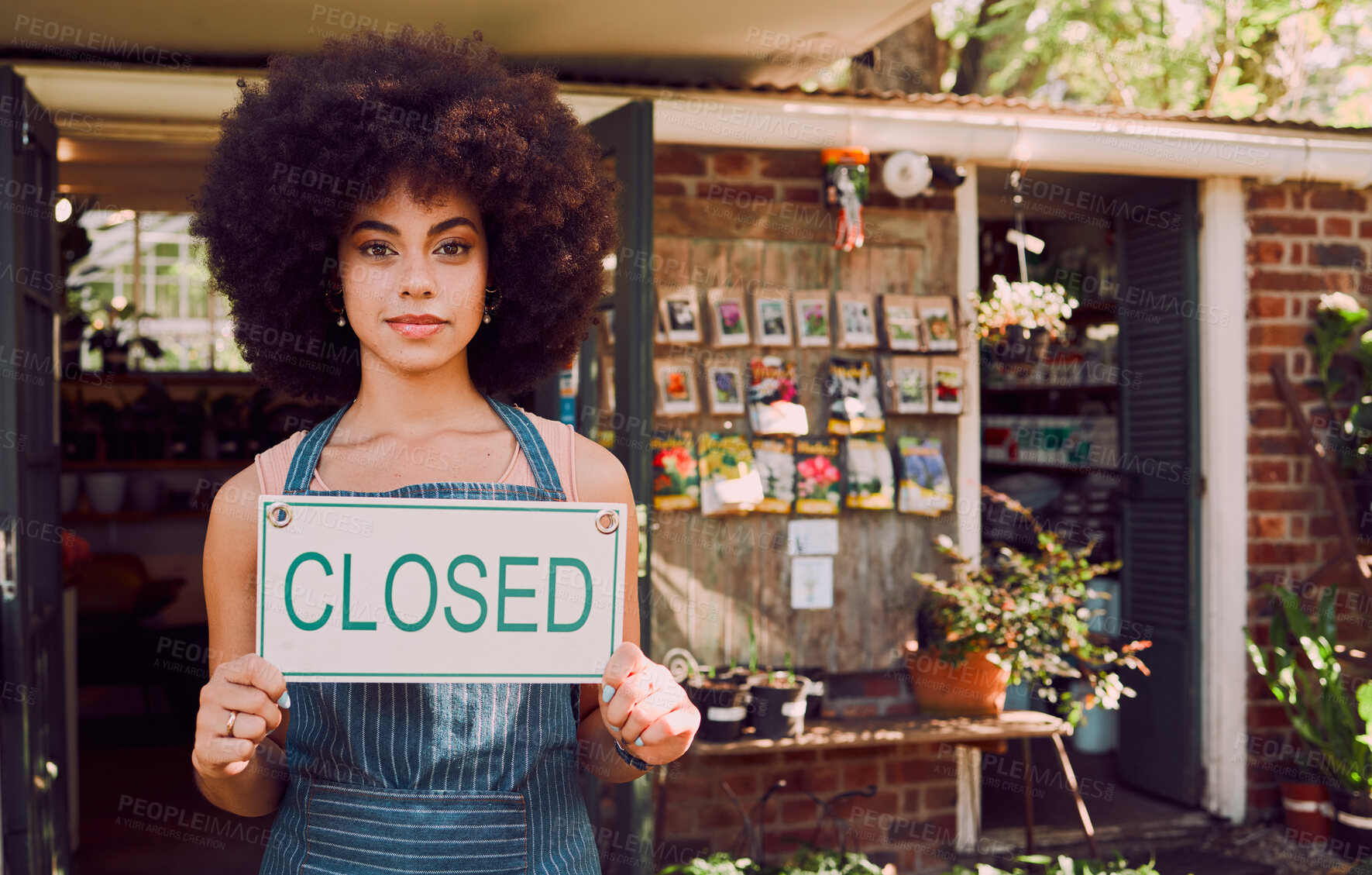 Buy stock photo Closed sign, black woman and business failure for cafe, employee and worker with end of day. African American girl, female entrepreneur and owner holding poster for bankrupt store, company closure.