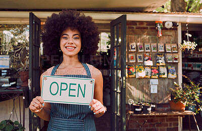 Buy stock photo Open sign, black woman and garden shop owner of a small business manager portrait happy. Smile of a retail store entrepreneur with welcome shopping board and business owner with plant products