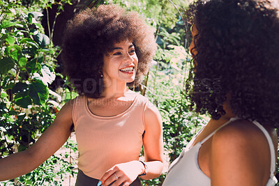 Buy stock photo Park talking, black woman and friends gossip, communication and chat about nature beauty, agriculture or plant growth. Peace, freedom and African people in conversation, speaking or gen z discussion