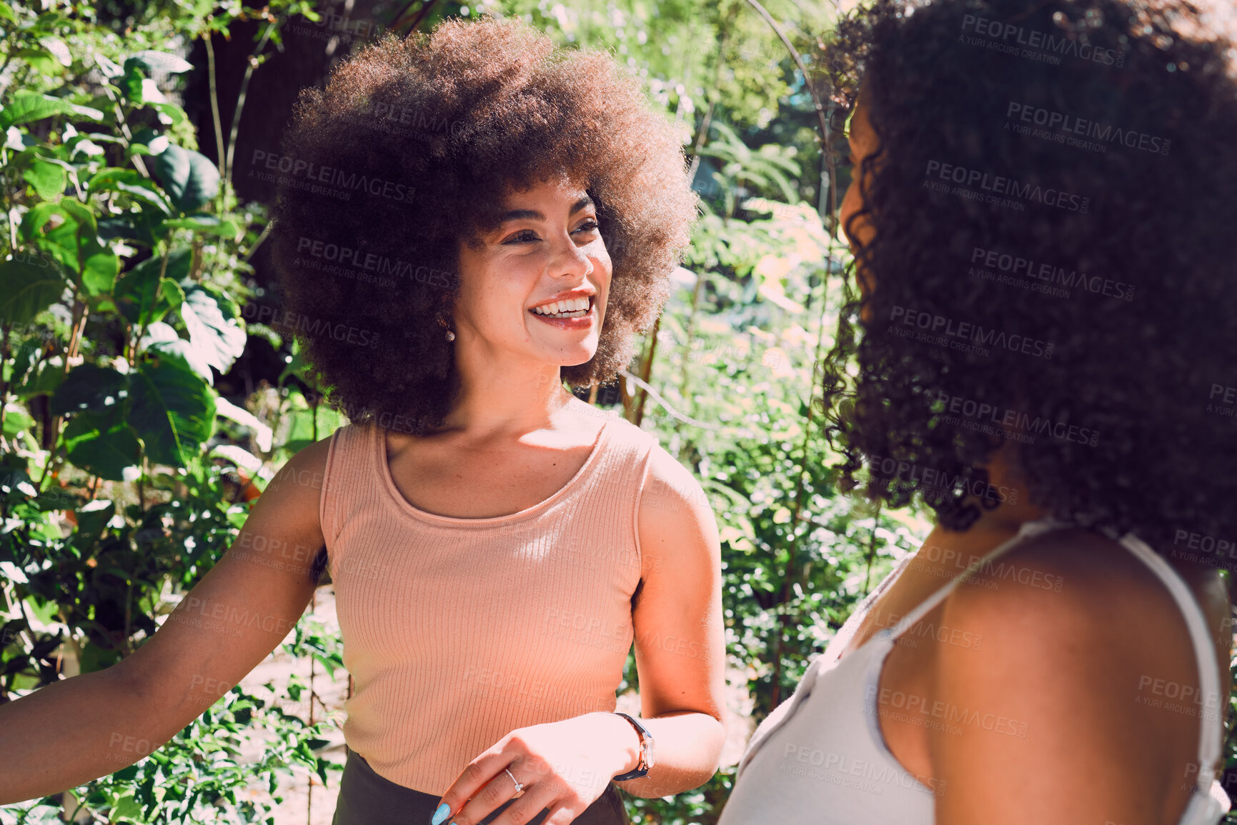 Buy stock photo Park talking, black woman and friends gossip, communication and chat about nature beauty, agriculture or plant growth. Peace, freedom and African people in conversation, speaking or gen z discussion