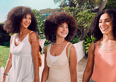 Buy stock photo Summer, travel and black woman friends with communication, talking or happy for outdoor holiday in park, nature or Europe. Vacation, fashion and african girl group walking in countryside together
