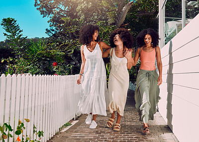 Buy stock photo Friends, walking and black woman together in summer for love, friendship communication and countryside travel for support. Sisters, freedom and collaboration in nature for spring and happy woman care