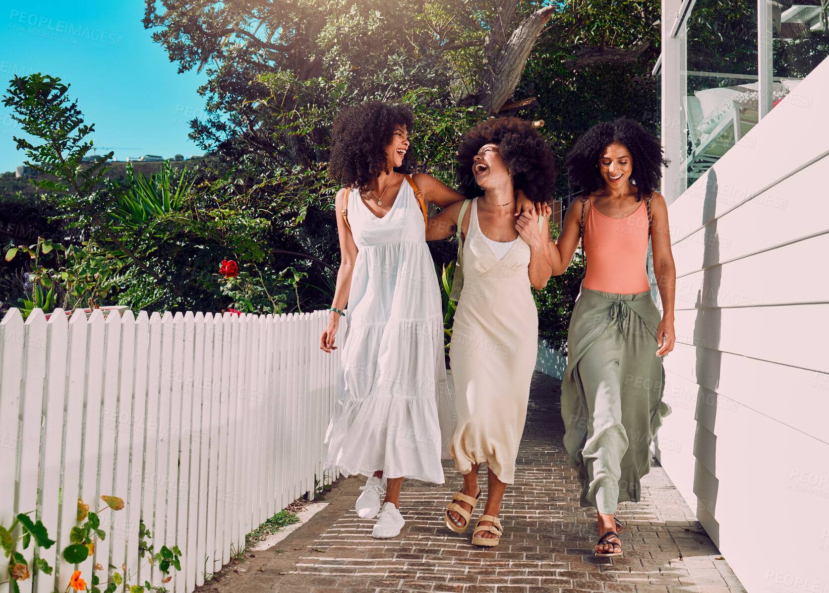 Buy stock photo Friends, walking and black woman together in summer for love, friendship communication and countryside travel for support. Sisters, freedom and collaboration in nature for spring and happy woman care