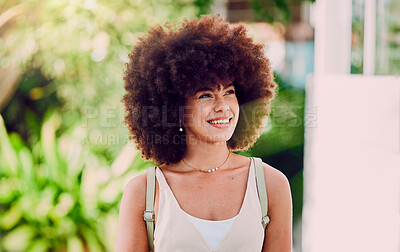Buy stock photo Black woman, girl and smile outdoor for wellness, break and enjoy holiday. Young female, lady and afro for confidence, happiness and relax in city, casual and trendy being stylish, edgy and chill. 
