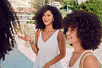 Smile, black women and conversation outdoor, together and holiday for empowerment at event. African American female, ladies and happy with confidence, talking and discussion for vacation or happiness