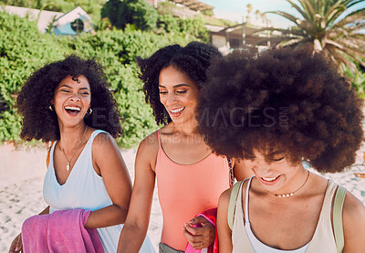 Black woman, friends walking and beach with funny conversation, joke or  laugh on summer vacation. Girl group, women and smile with walk on sea sand  together in sunshine with comic laughing on