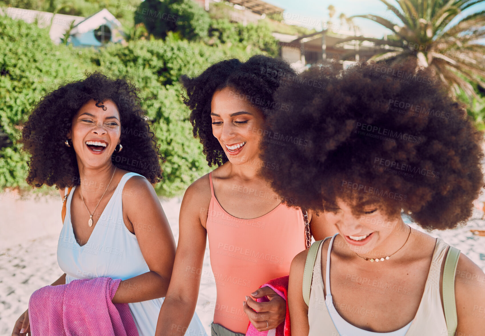 Buy stock photo Black woman, friends walking and beach with funny conversation, joke or laugh on summer vacation. Girl group, women and smile with walk on sea sand together in sunshine with comic laughing on holiday