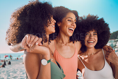 Buy stock photo Beach hug, black woman and friends with afro hair happy on friendship reunion holiday for summer vacation bonding . Freedom peace, blue sky and fun for African people on adventure journey in Nigeria