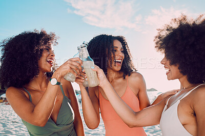 Buy stock photo Alcohol, toast and beach with black woman friends having fun together during summer on the coast. Drinking, cheers and bonding with a female and friend on the sand by the ocean or sea for vacation