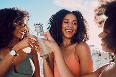 Buy stock photo Summer, cheers and group of friends at the beach enjoying vacation, holiday and weekend adventure. Travel, friendship and black women toast to celebrate with alcohol drink on sand by ocean together