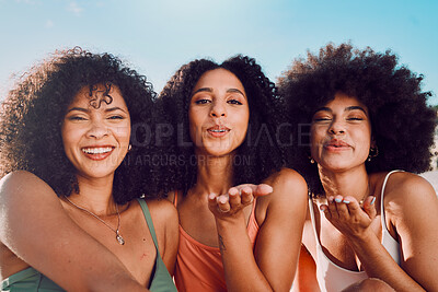 Buy stock photo Black woman, friends and selfie blowing kiss for happy friendship, summer vacation and bonding in the outdoors. Portrait of African American women enjoying social fun for photo moments together
