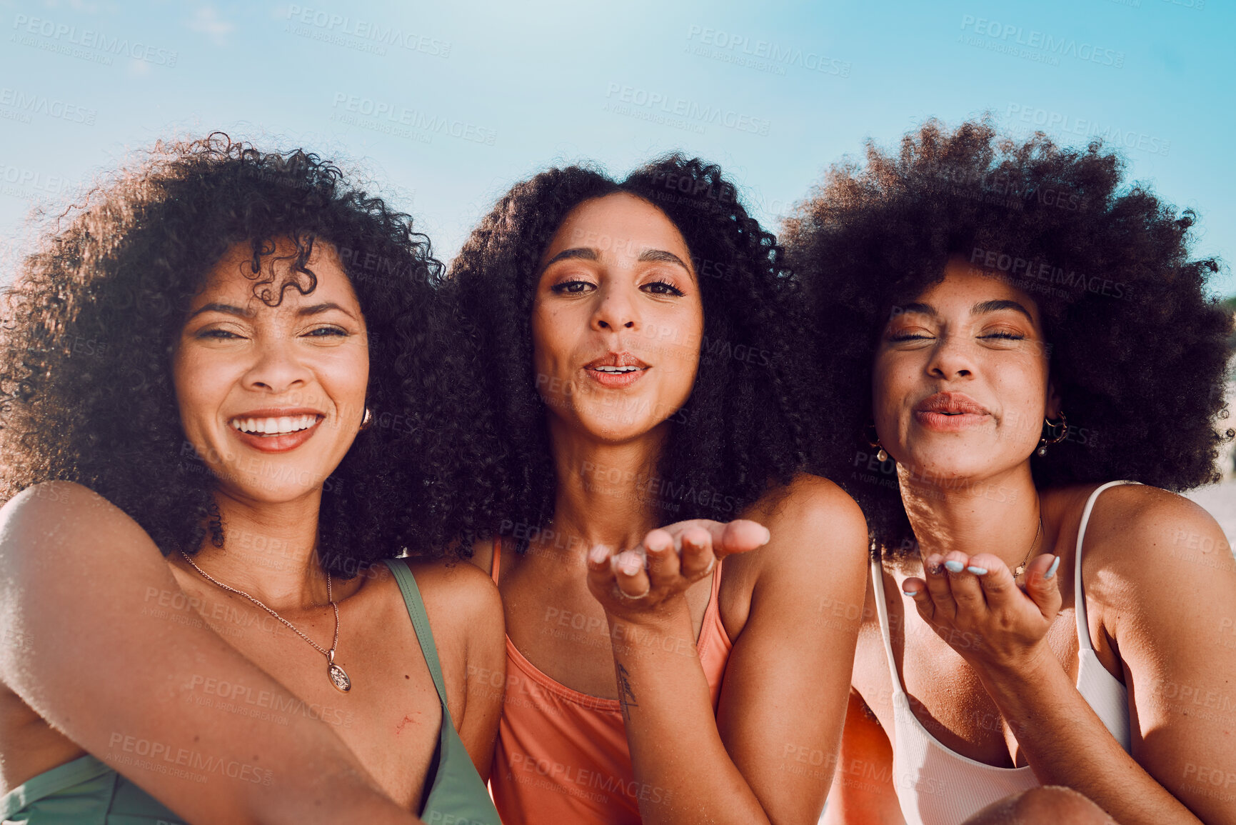 Buy stock photo Black woman, friends and selfie blowing kiss for happy friendship, summer vacation and bonding in the outdoors. Portrait of African American women enjoying social fun for photo moments together