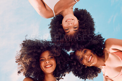 Buy stock photo Blue sky, friends and portrait of group of black women enjoy summer holiday, vacation and weekend outdoors. Freedom, beauty and face of girls in circle having fun, adventure and happiness in nature