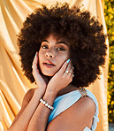 Summer, fashion and portrait of black woman in garden with natural beauty, cosmetics and makeup on face. Skincare, wellness and girl with yellow fabric or silk sheet outdoors and designer jewellery