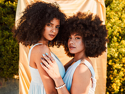 Buy stock photo Nature, beauty and portrait of women friends with natural cosmetic makeup in a garden at an event. Cosmetics, organic and girl models with afro from Puerto Rico in a park at a luxury or fancy party.