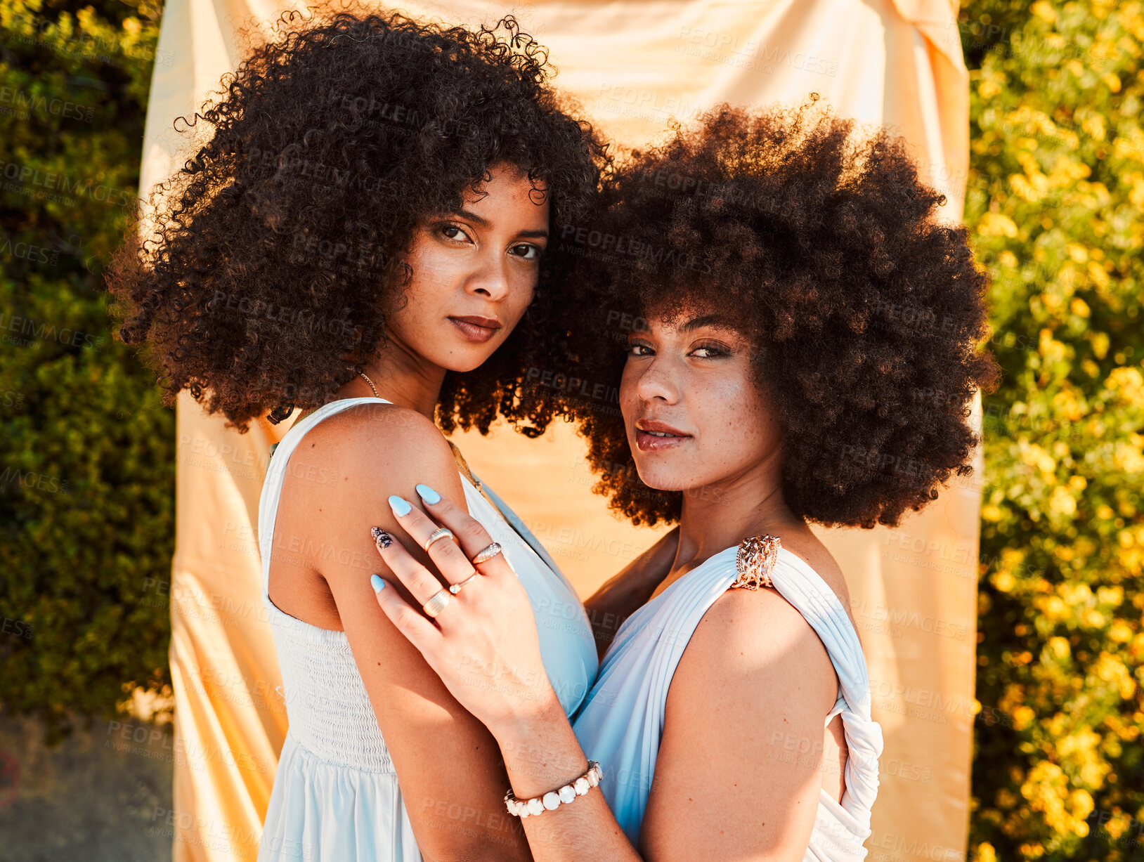 Buy stock photo Nature, beauty and portrait of women friends with natural cosmetic makeup in a garden at an event. Cosmetics, organic and girl models with afro from Puerto Rico in a park at a luxury or fancy party.