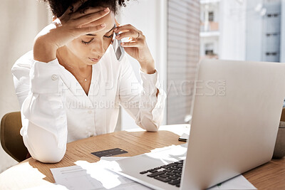 Buy stock photo Credit card, phone call and black woman frustrated for debt, bills or desk with laptop. African American lady, upset female or smartphone for connection, communication stress or talking payment query