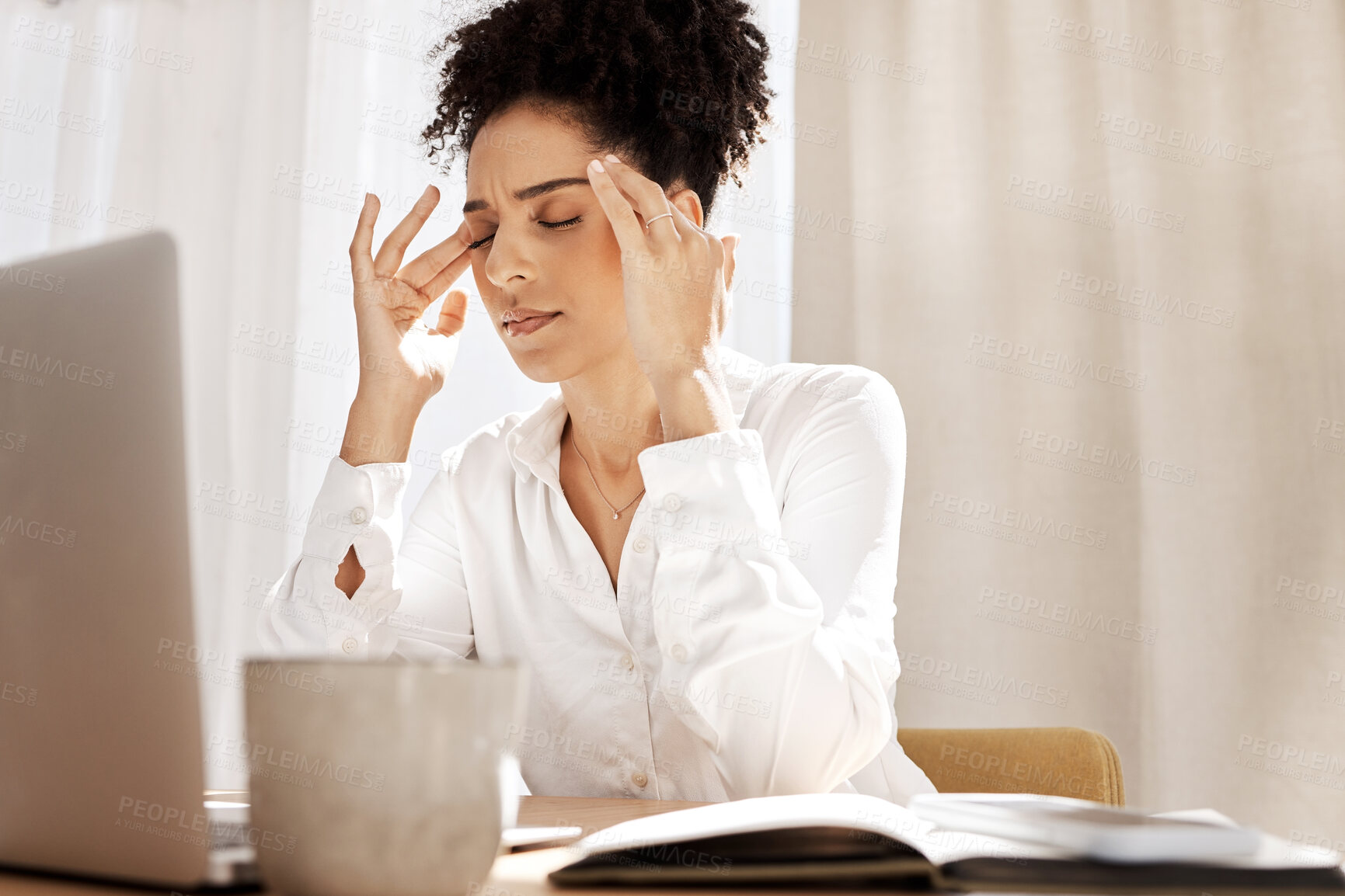 Buy stock photo Headache, burnout and business woman with laptop for stress, anxiety and mental health management. Risk, tired and fatigue with black woman in office with notebook for report, tax and audit