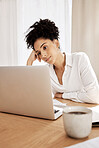 Business woman, depression and laptop with anxiety, mental health and stress for online report in home office. Black woman, frustrated, bored or burnout of work, personal life or bad news on email