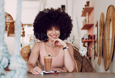 Buy stock photo Black woman in coffee shop portrait with drink, relax with natural hair and smile, happy alone for self care date and pride with afro for self love. Happiness, African woman in cafe for coffee break.