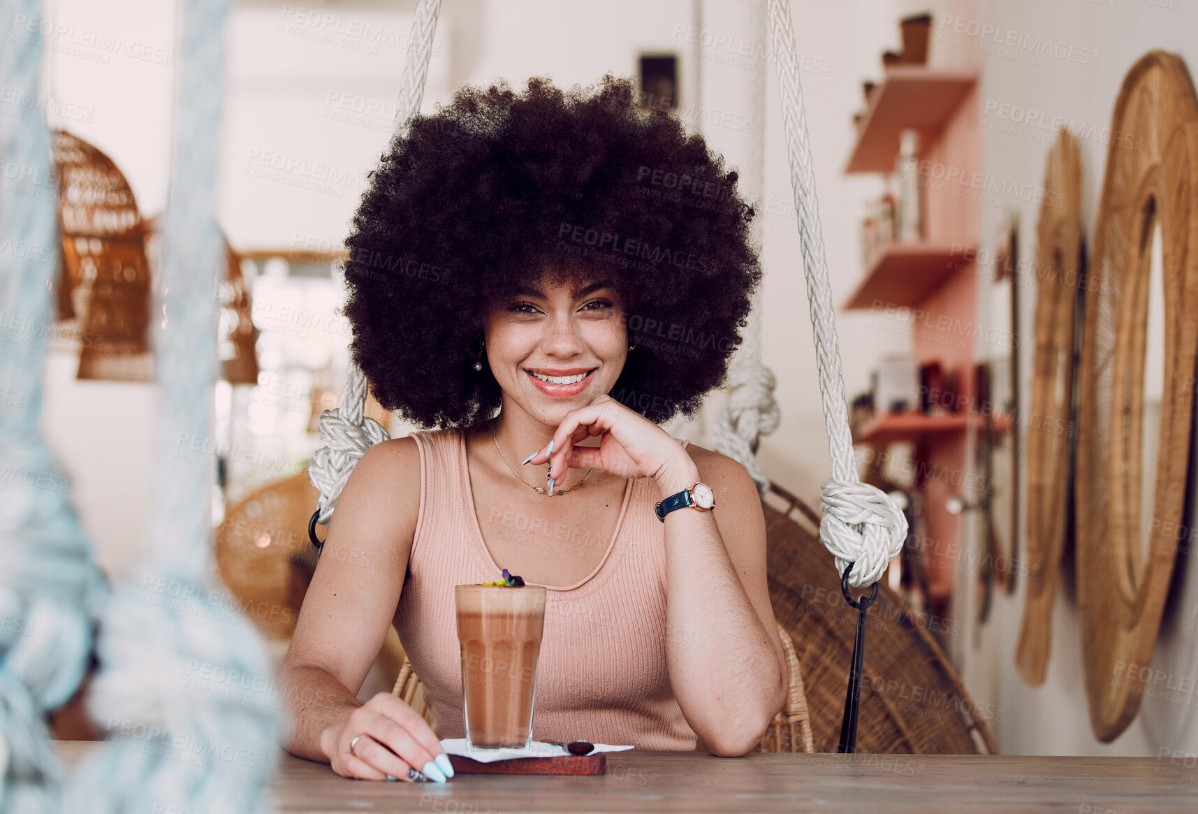 Buy stock photo Black woman in coffee shop portrait with drink, relax with natural hair and smile, happy alone for self care date and pride with afro for self love. Happiness, African woman in cafe for coffee break.