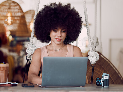 Buy stock photo Entrepreneur, laptop or black woman at coffee shop typing blog article with remote work and happy smile. Freelance blogger, gen z girl  or working online, thinking and creative idea at cafe in Brazil