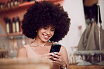 Black woman, afro or phone in coffee shop, cafe or restaurant on social media app, internet esports game or fashion blog. Smile, happy or relax student, trendy blogger or tourist on mobile technology