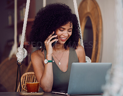 Buy stock photo Black woman, phone call and laptop, internet cafe and remote work, planning and blogging as freelancer entrepreneur. Happy young female talking on smartphone, working on computer and in coffee shop 