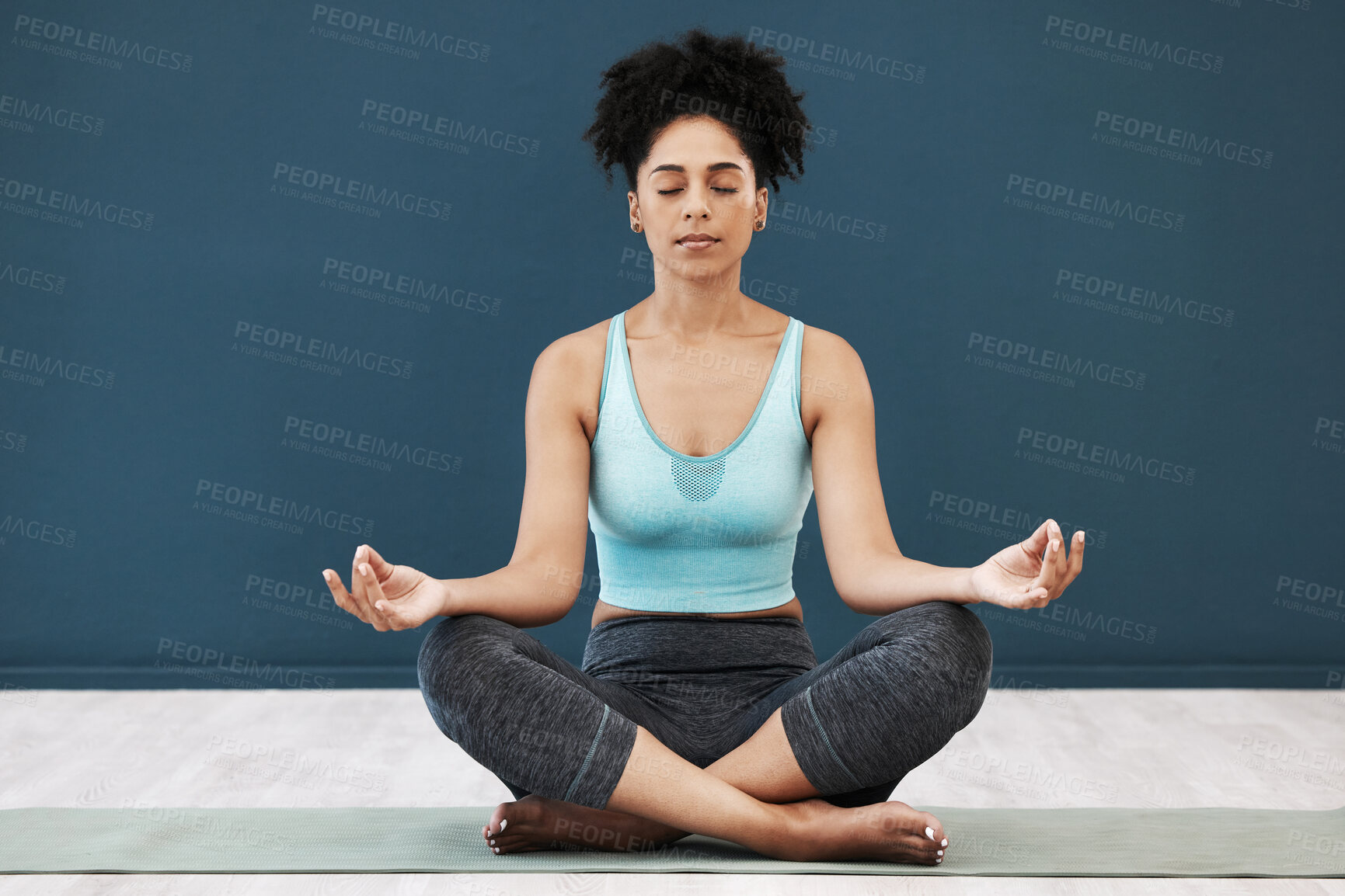 Buy stock photo Meditation, yoga and zen of a black woman in a wellness and health studio for mindfulness. Workout, praying and holistic exercise of an athlete for pilates relax with peace mindset and chakra