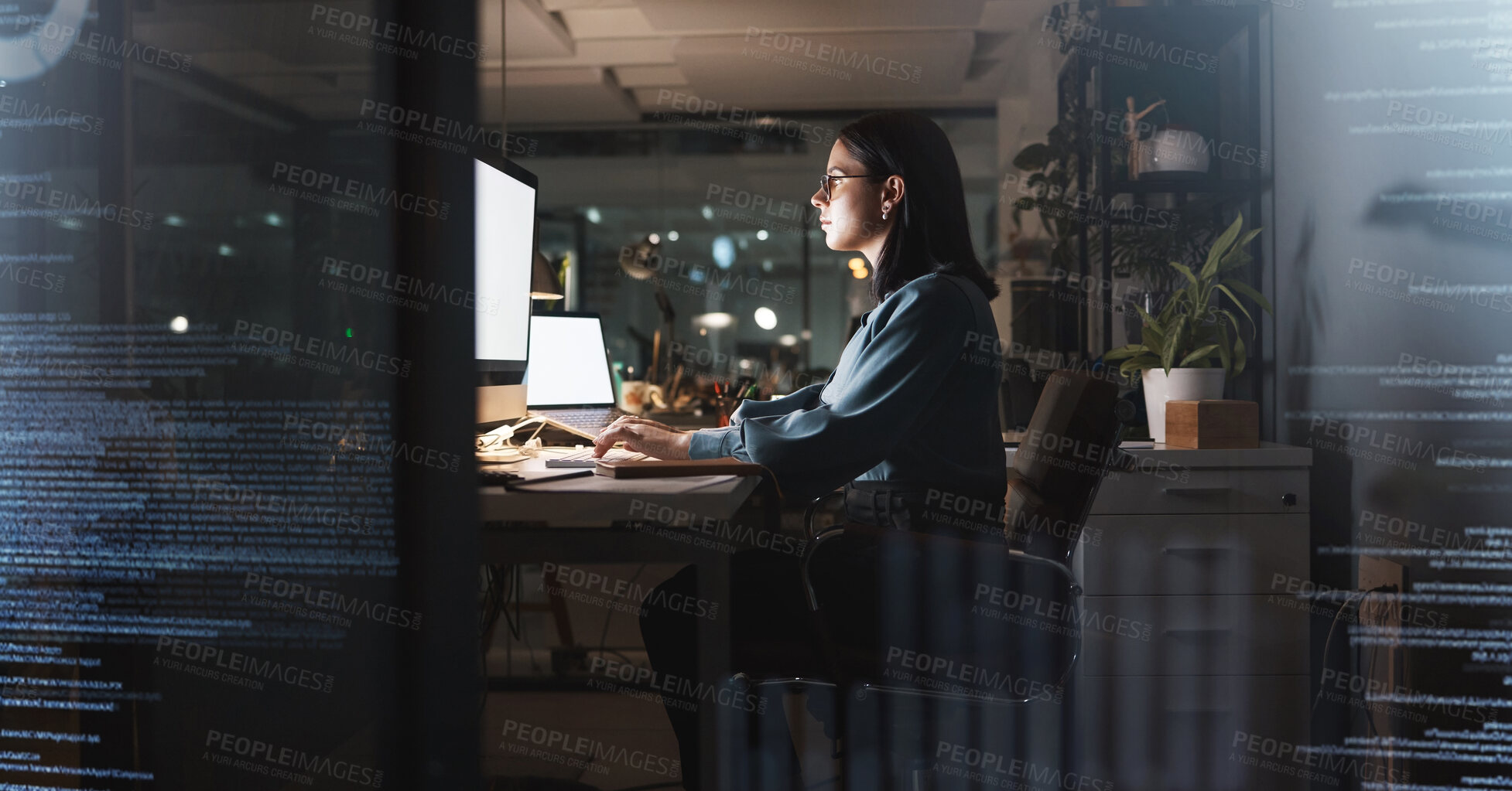 Buy stock photo Office woman and night coding with futuristic overlay for cyber security, programming and work. Programmer, code and overtime employee working with mockup computer and laptop screen at desk.