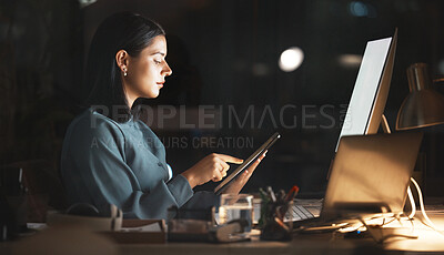 Buy stock photo Laptop, computer or business woman on tablet at night in office for research, cloud computing or planning marketing schedule. IT, programmer or developer working overtime review startup cybersecurity