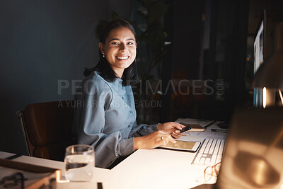 Buy stock photo Tablet, credit card or woman with online shopping payment in office for investment, web audit or product purchase at night. Happy, ecommerce or employee with smile for trading, invest or banking
