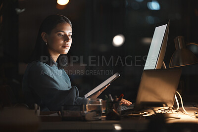 Buy stock photo Computer tech, night and woman with tablet working on database programming code, ai development design or software coding. Ui screen, programmer or developer review cyber security of company big data