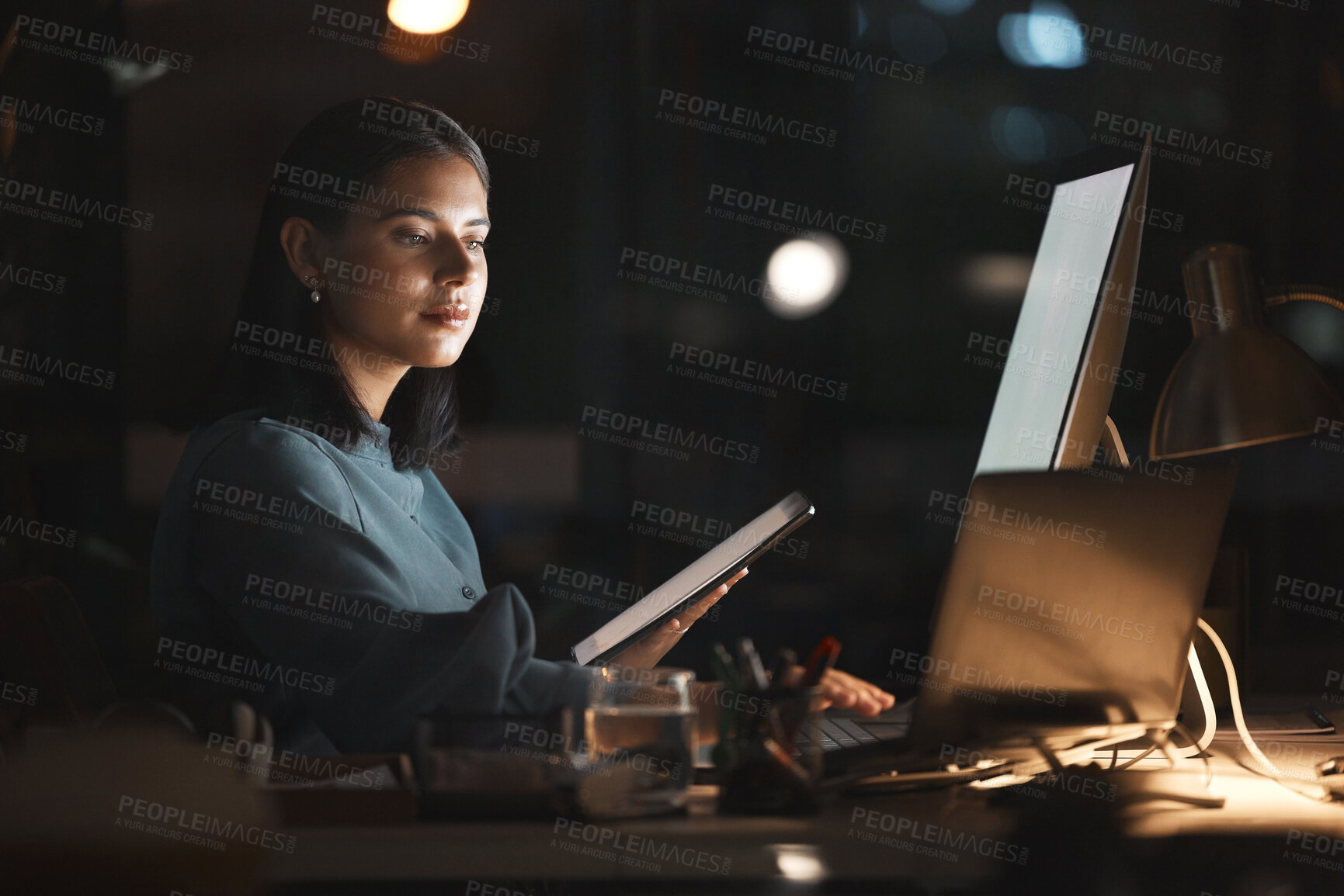 Buy stock photo Computer tech, night and woman with tablet working on database programming code, ai development design or software coding. Ui screen, programmer or developer review cyber security of company big data