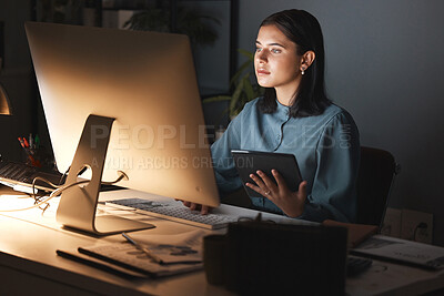 Buy stock photo Night office, computer and business woman with tablet for digital marketing, seo analytics and multimedia application review. Website design, graphic designer and creative employee in dark workspace