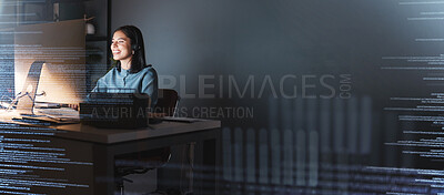 Buy stock photo Office woman, digital overlay and night with computer, it vision or cyber security mockup. Cyber programmer, happy worker or big data expert in web coding workspace for information technology in dark