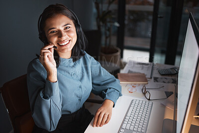 Buy stock photo Call center portrait, happy CRM or woman customer service with smile for success consulting, communication or networking. Employee, consultant or sales advisor for motivation, support or contact us